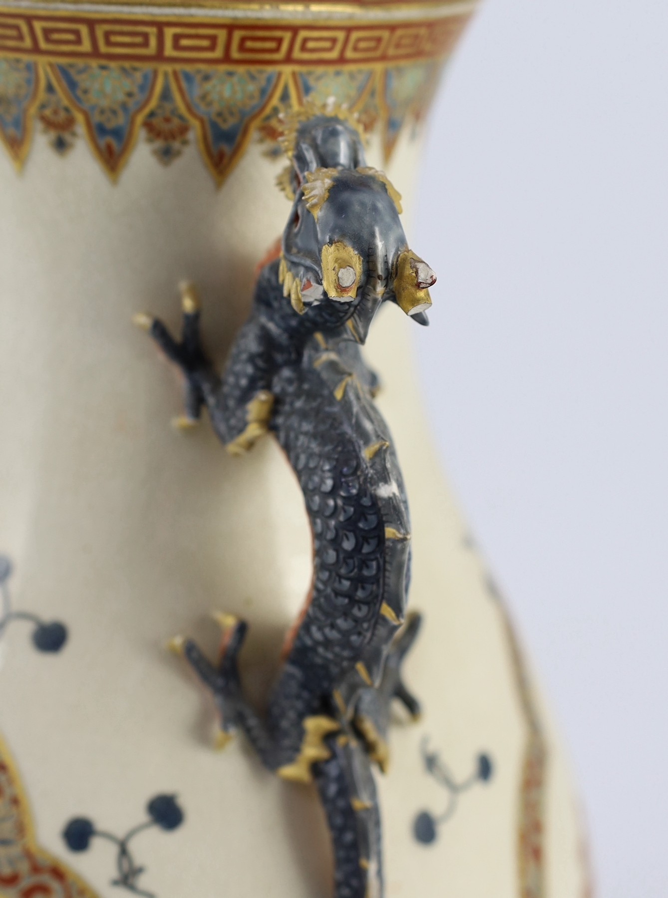 A large Japanese Satsuma pottery vase, late 19th century, 33.5cm, some damage to handles